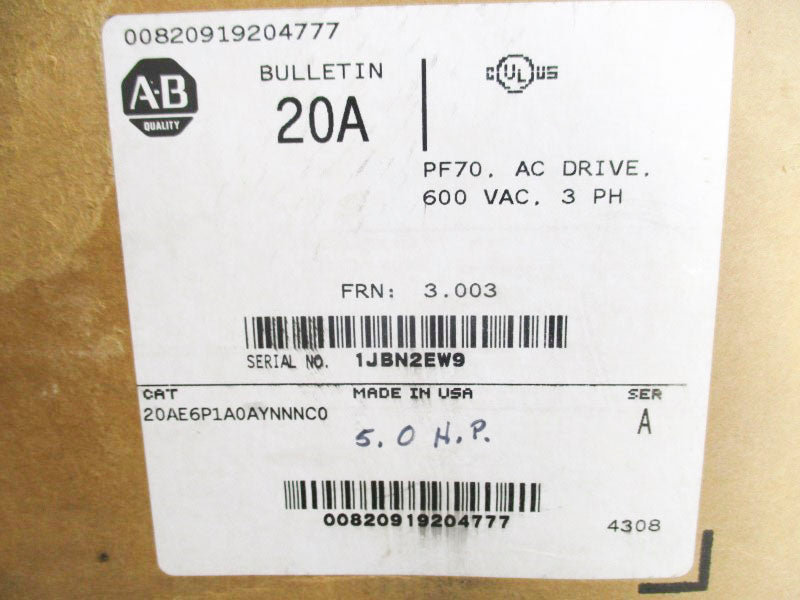 ALLEN BRADLEY 20AE6P1A0AYNNNC0 SER. A F/W 3.003 432-660VAC 7.5A NSMP