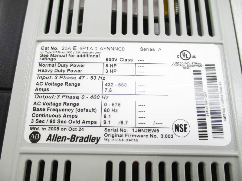 ALLEN BRADLEY 20AE6P1A0AYNNNC0 SER. A F/W 3.003 432-660VAC 7.5A NSMP