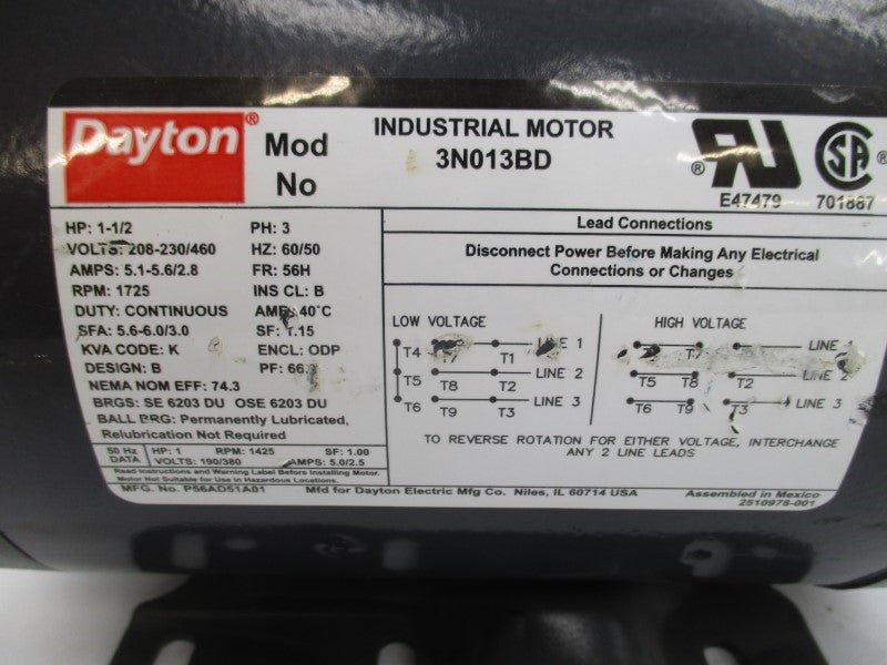 DAYTON 3N013BD 208-230/460V 5.1-5.6/2.8A NSNP