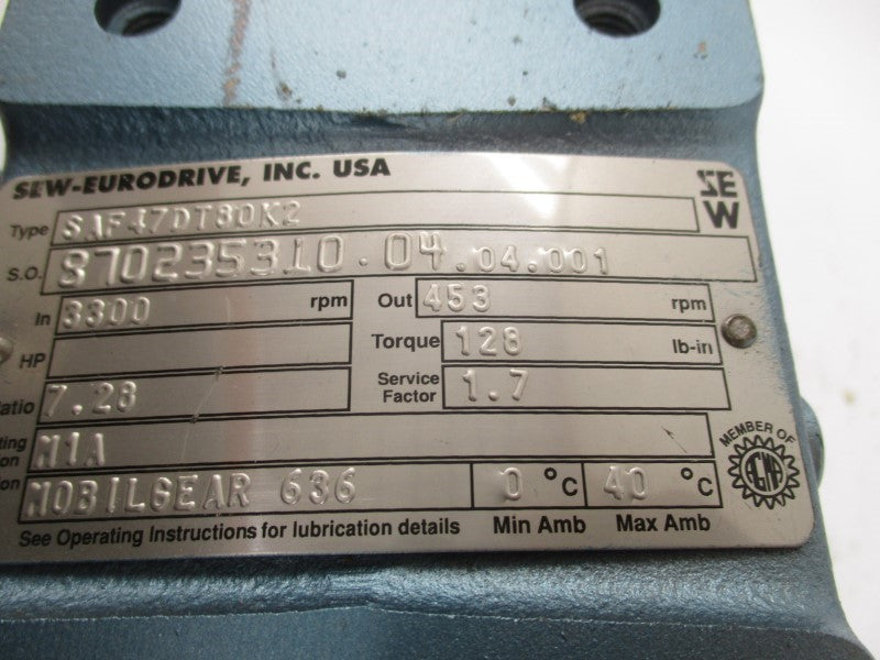 SEW-EURODRIVE DFT80K2 SAF47DT80K2 230/460V 3.50/1.75A NSNP