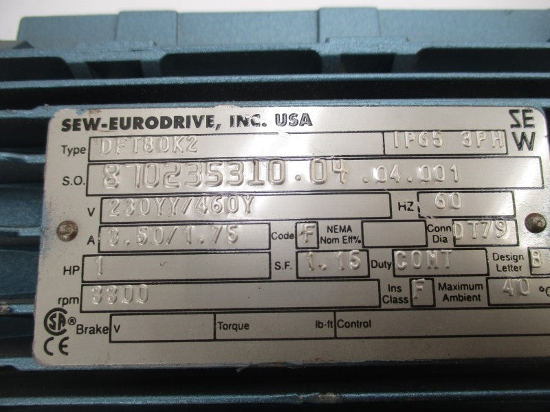 SEW-EURODRIVE DFT80K2 SAF47DT80K2 230/460V 3.50/1.75A NSNP