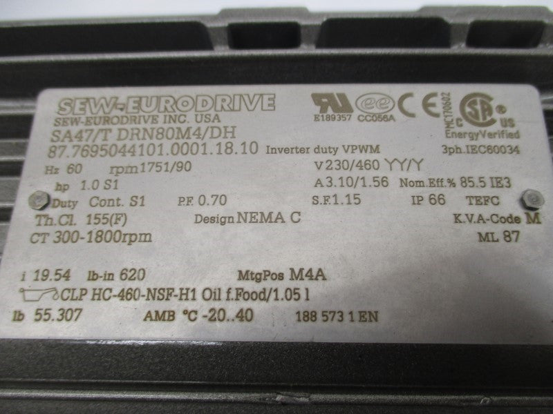 SEW-EURODRIVE SA47/TDRN80M4/DH 230/460V 3.10/1.56A NSNP