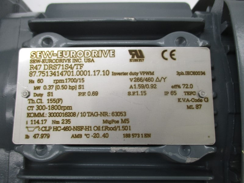 SEW-EURODRIVE R47DRS71S4/TF 460V 0.92A NSNP