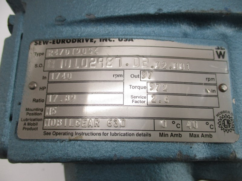 SEW-EURODRIVE R47DT90S4 DFT90S4 460V 2.60A NSNP