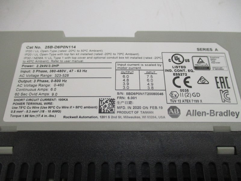 ALLEN BRADLEY 25B-D6P0N114 SER. A F/W 6.001 323-528VAC NSMP