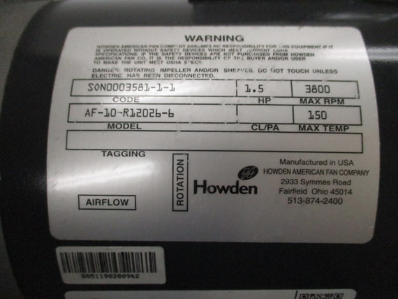 HOWDEN AMERICAN FAN COMPANY AF10-R12026-6 460V 2.5A NSNP