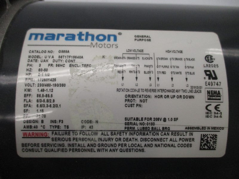 MARATHON G585A UVA56T17F15640A 460V 2.9A NSNP