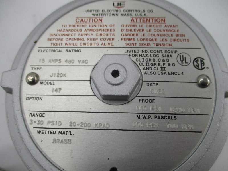 UNITED ELECTRIC CONTROLS J120K 147 480VAC 15A 3-30PSI NSNP