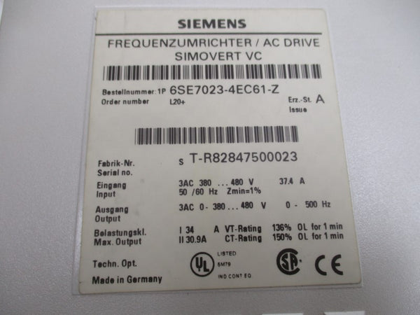 SIEMENS 6SE7023-4EC61-Z 380-480VAC 37.4A NSNP