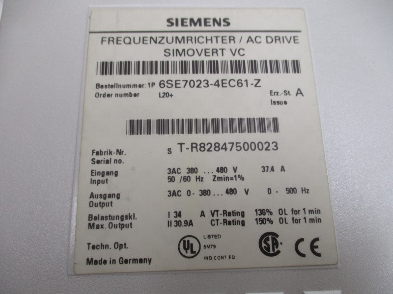 SIEMENS 6SE7023-4EC61-Z 380-480VAC 37.4A NSNP