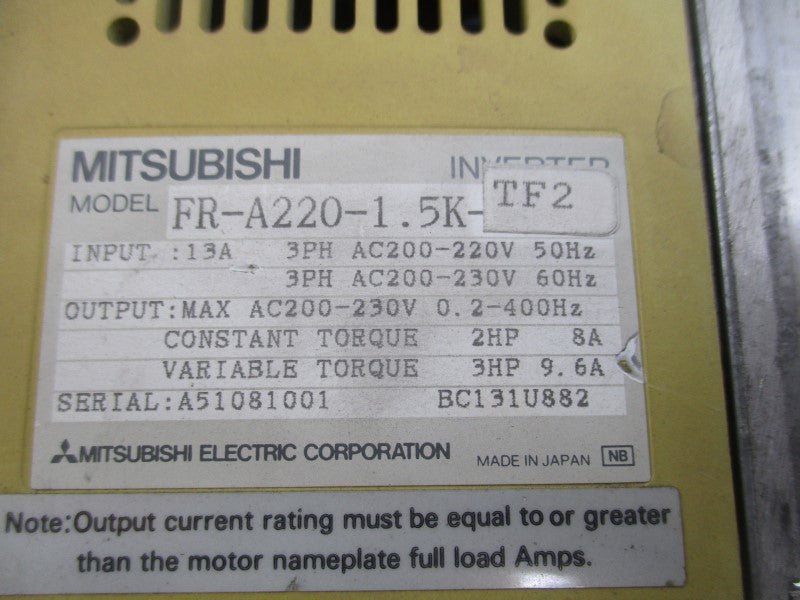 MITSUBISHI FR-A220-1.5K-TF2 200-220V 13A (AS PICTURED) UNMP