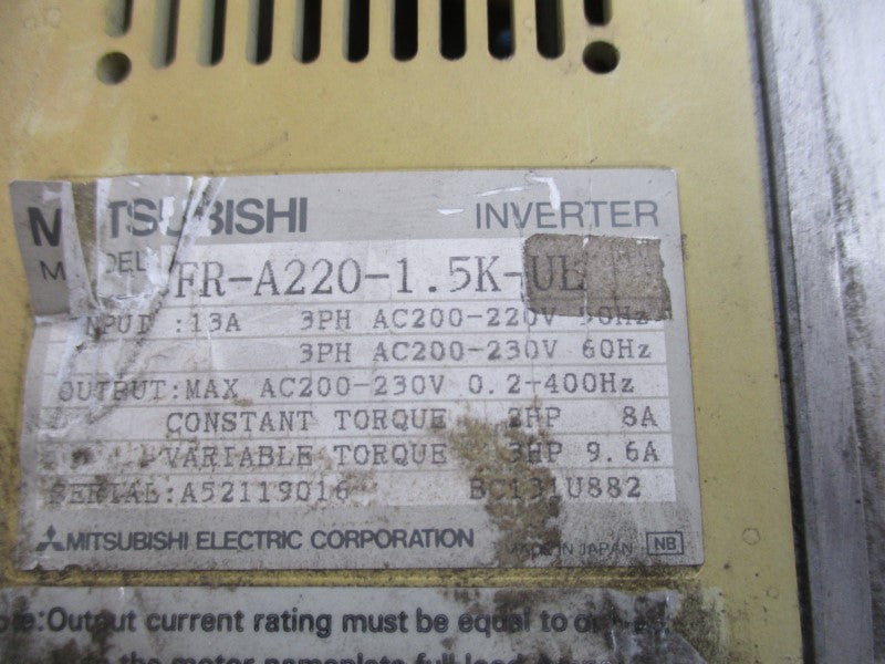 MITSUBISHI FR-A220-1.5K-UL 200-220V 13A (NO COVER) UNMP