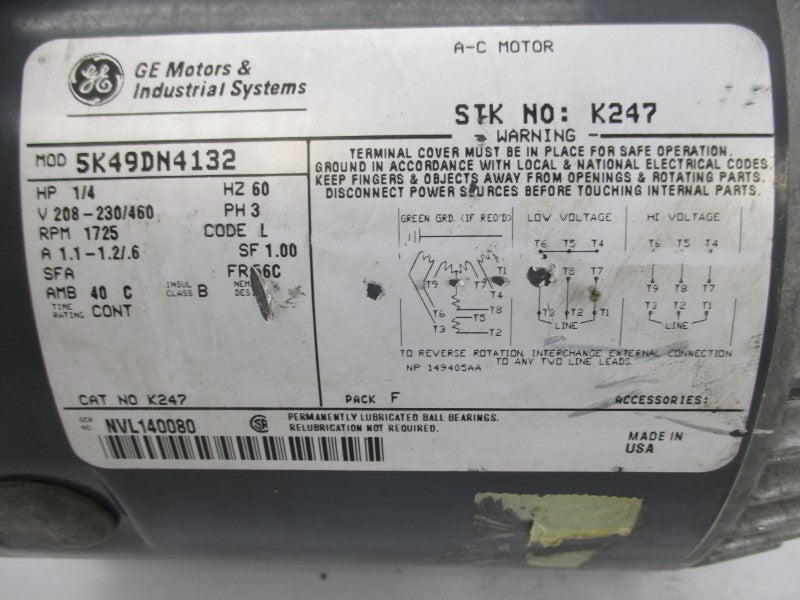 GENERAL ELECTRIC K247 5K49DN4132 208-230/460V 1.1-1.2/.6A NSNP