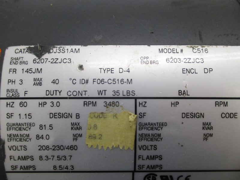 US MOTOR DJ3S1AM C516 208-230/460V 8.3-7.5/3.7A NSNP