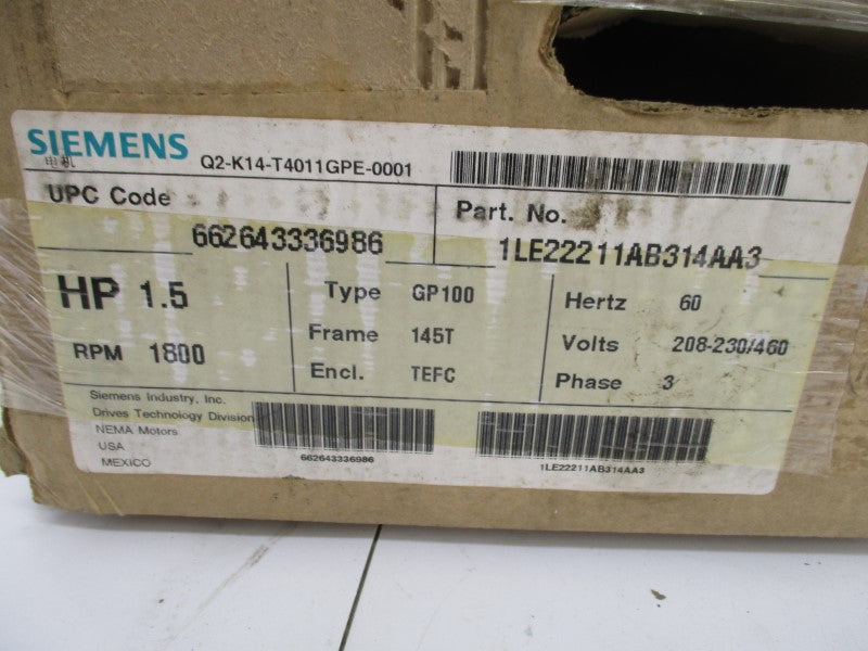 SIEMENS 1LE22211AB314AA3 208-230/460V 4.3-4.2/2.1A NSMP
