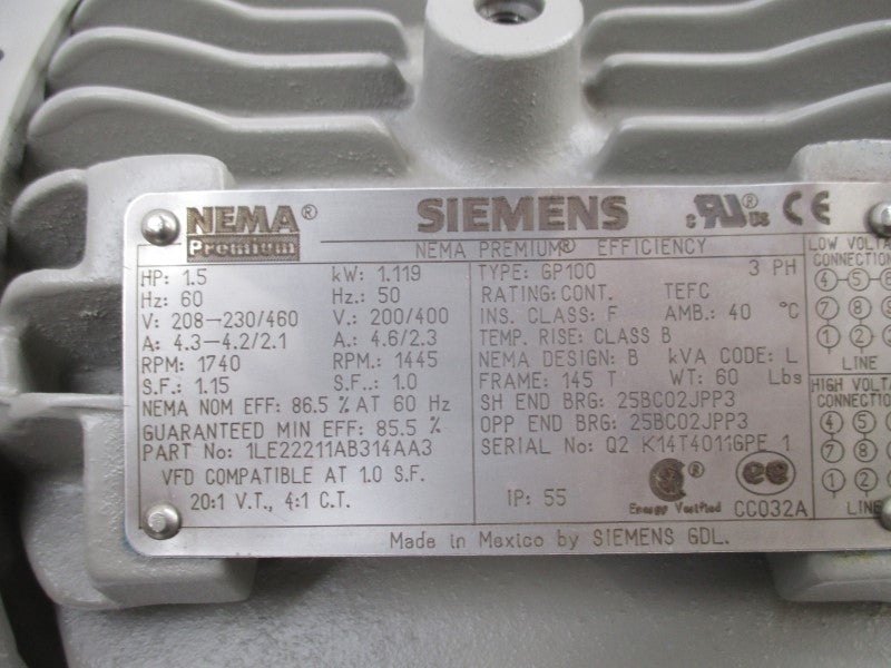 SIEMENS 1LE22211AB314AA3 208-230/460V 4.3-4.2/2.1A NSMP