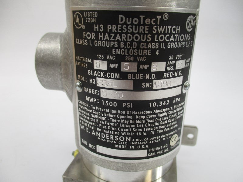W.E. ANDERSON H3S3SL 250VAC 5A 5-70PSI NSMP