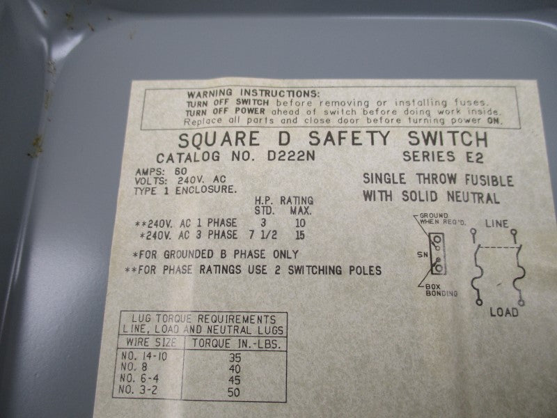 SQUARE D D222N SER. E2 240V 60A NSMP