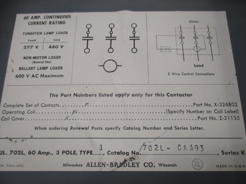 ALLEN BRADLEY 702L-CAA93 SER. K 110/120V UNMP