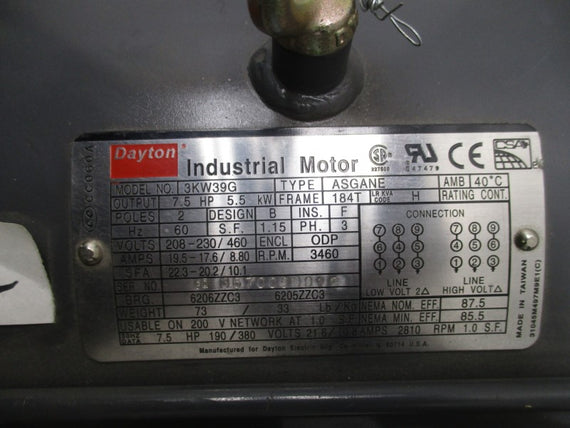 DAYTON 3KW39G 208-230/460 19.5-17.6/8.80A NSNP