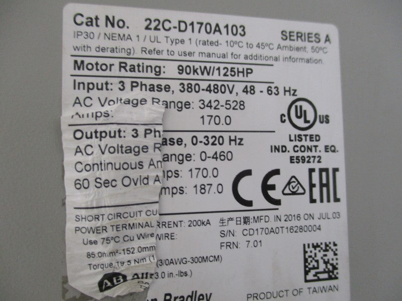 ALLEN BRADLEY 22C-D170A103 SER. A F/W 7.01 380-480V 170A NSNP