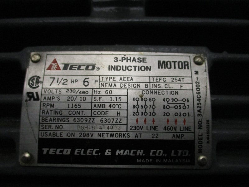 TECO ELECTRIC 3A254C6002-M7.5 HP  254T  RPM 1165  230/460V 20/10A NSNP