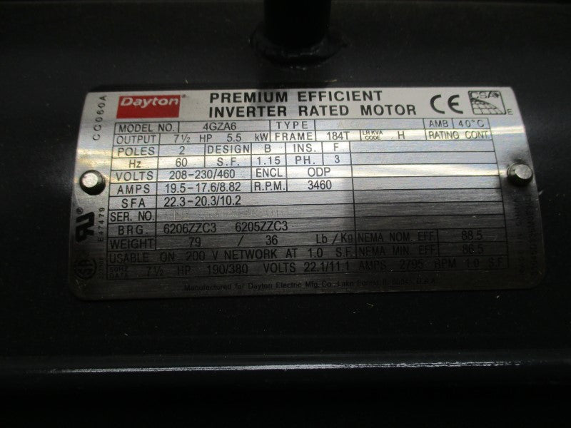 DAYTON 4GZA6 208-230/460V 19.5-17.6/8.82A NSMP