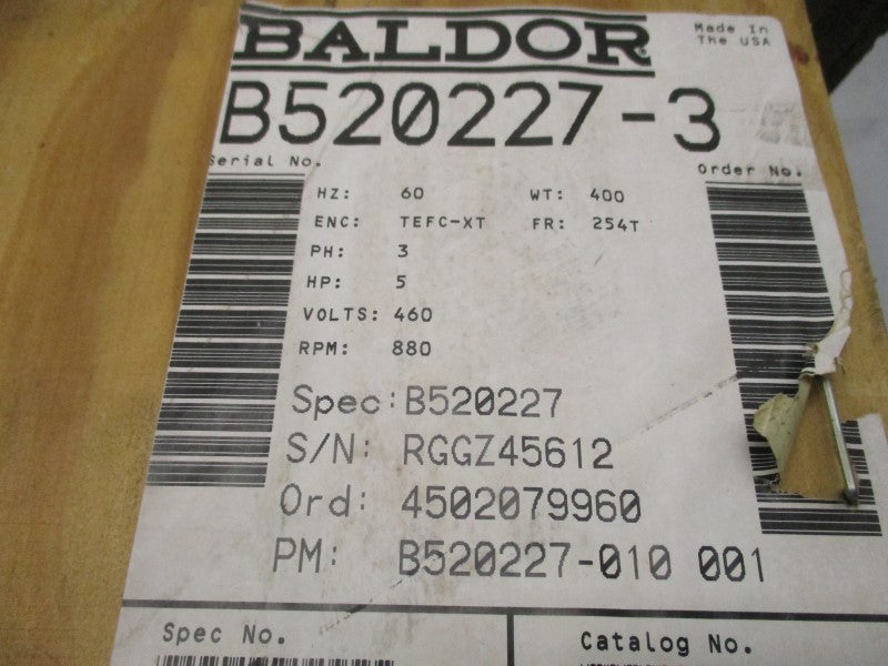 BALDOR 5 HP, 880 RPM, 254T B520227-010T4-BN 460V 7.3A NSMP