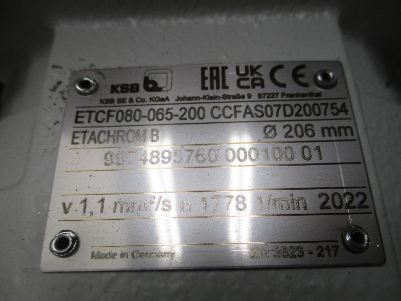 KSB ETACHROM B ETCF080-065-200 CCFAS07D200754 400/460V 14.3/13.8/12.4A NSNP