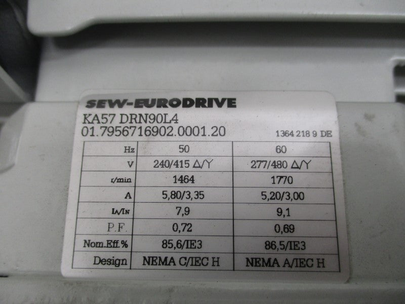 SEW-EURODRIVE KA57DRN90L4 277/480V 5.20/3.00A NSMP