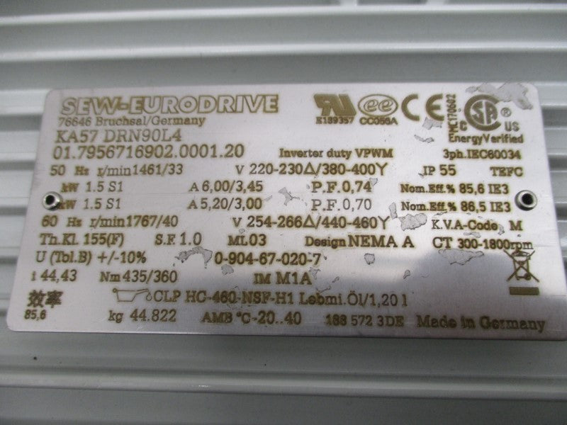 SEW-EURODRIVE KA57DRN90L4 277/480V 5.20/3.00A NSMP