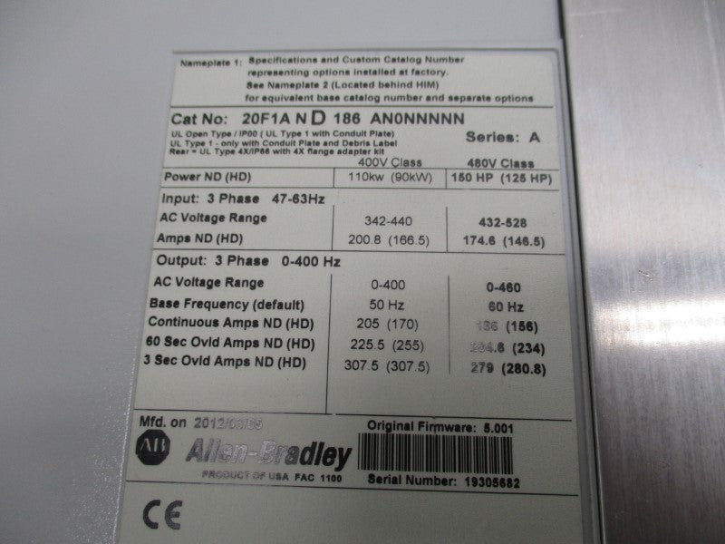 ALLEN BRADLEY 20F1AND186AN0NNNNN SER. A F/W 5.001 342-440V 200.8A UNMP