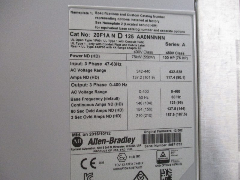 ALLEN BRADLEY 20F1AND125AA0NNNNN SER. A F/W 12.002 342-440VAC 137.2A NSNP