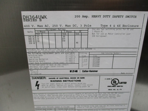 EATON DH364UWK SER. B 600V 200A NSNP