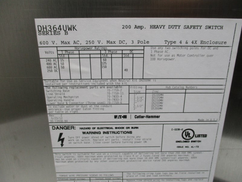 EATON DH364UWK SER. B 600V 200A NSNP