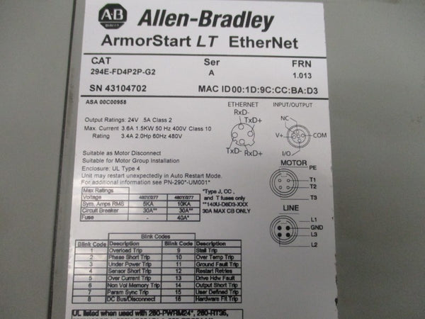 ALLEN BRADLEY 294E-FD4P2P-G2 SER. A F/W 1.013 480V 3.4A NSMP