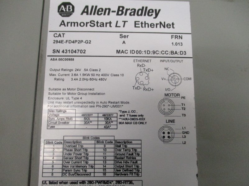 ALLEN BRADLEY 294E-FD4P2P-G2 SER. A F/W 1.013 480V 3.4A NSMP