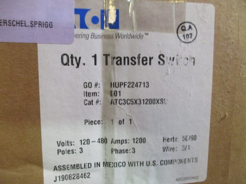 EATON TRANSFER SWITCH ATC3C5X31200XSU 120-480V 1200A NSMP
