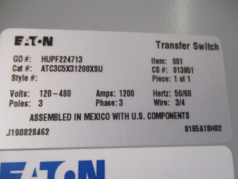 EATON TRANSFER SWITCH ATC3C5X31200XSU 120-480V 1200A NSMP