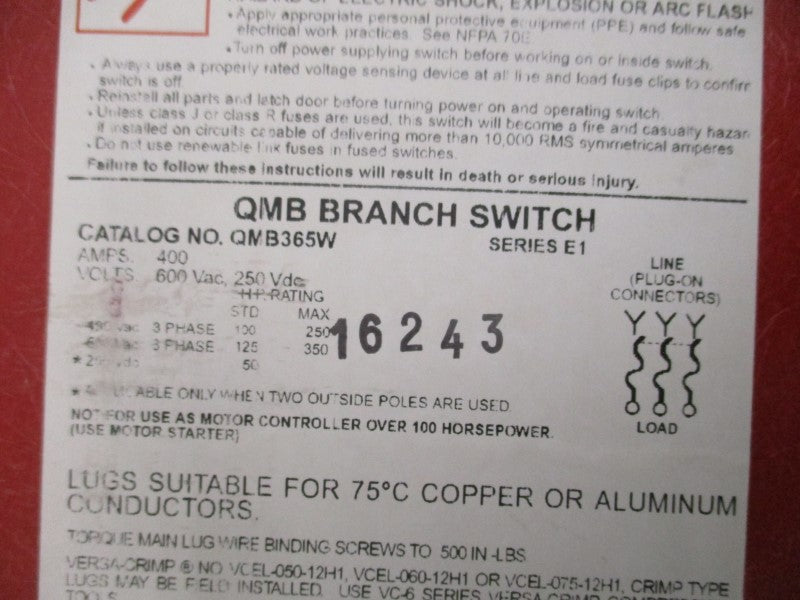 SQUARE D QMB365W SER. E1 600VAC 400A NSNP