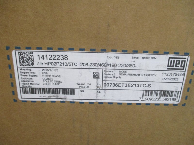 WEG 00736ET3E213TC-S 7.5 HP 230/460V 17.3/8.67A NSMP