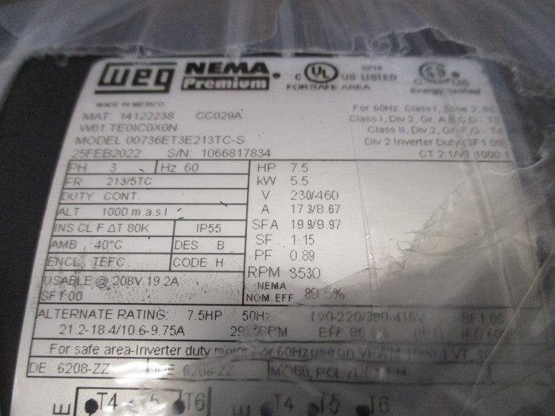 WEG 00736ET3E213TC-S 7.5 HP 230/460V 17.3/8.67A NSMP