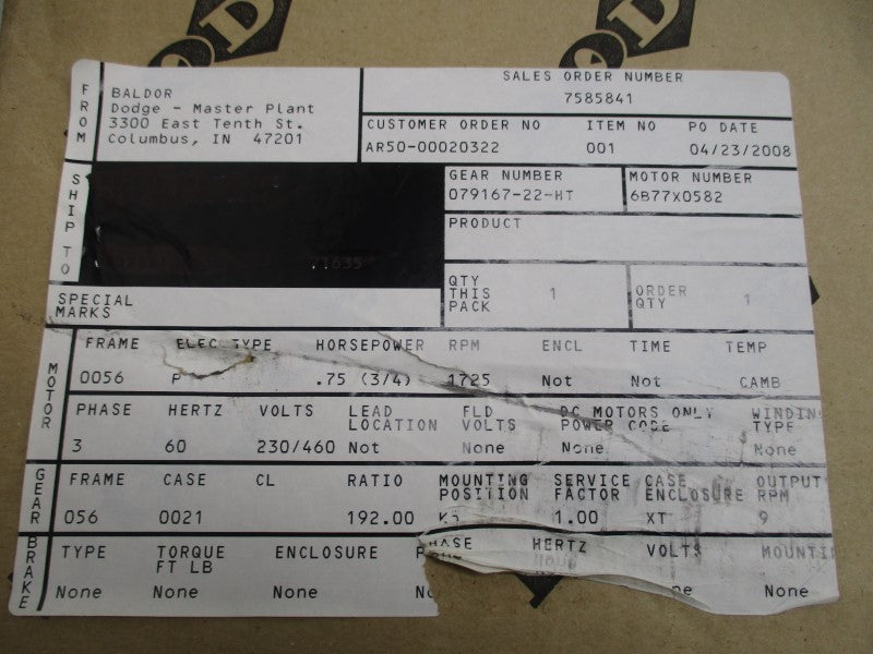 DODGE 079167-22-HT 6B77X0582 230/460V 2.2/1.1A NSMP