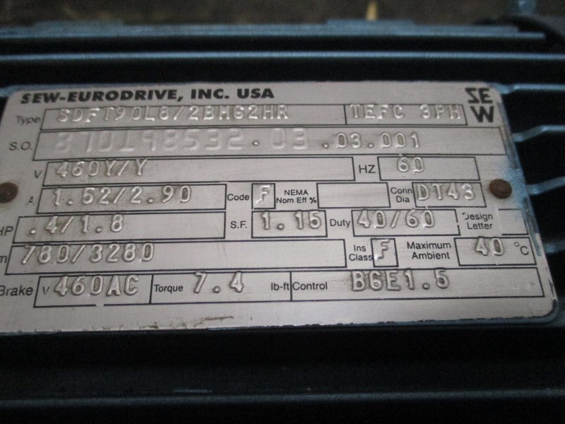 SEW-EURODRIVE SDFT90L8/2BMG2HR R57SDT90L8/2BMG2HR  460Y/Y 1.52/2.90A NSNP