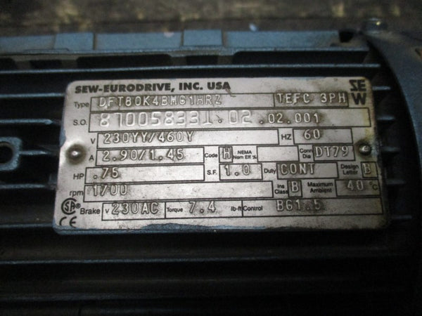 SEW-EURODRIVE DFT80K4BMG1HRZ K67DT80K4BMG1HRZ 230/Y/460Y 2.90/1.45A NSNP