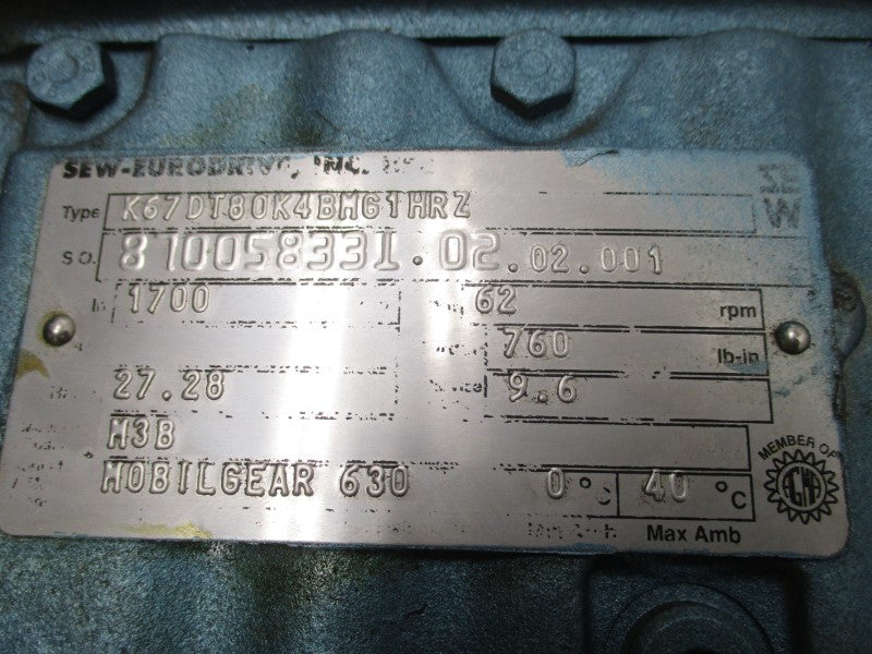 SEW-EURODRIVE DFT80K4BMG1HRZ K67DT80K4BMG1HRZ 230/Y/460Y 2.90/1.45A NSNP