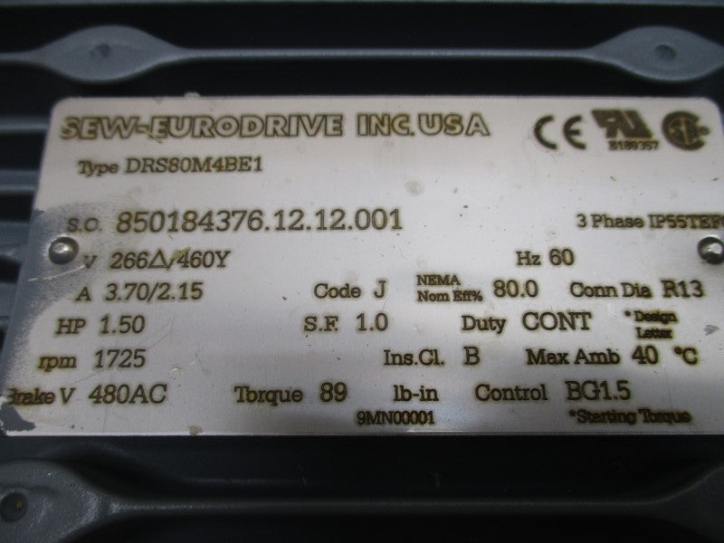 SEW-EURODRIVE DRS80M4BE1 R77DRS80M4BE1 266/460V 3.70/2.15A NSMP