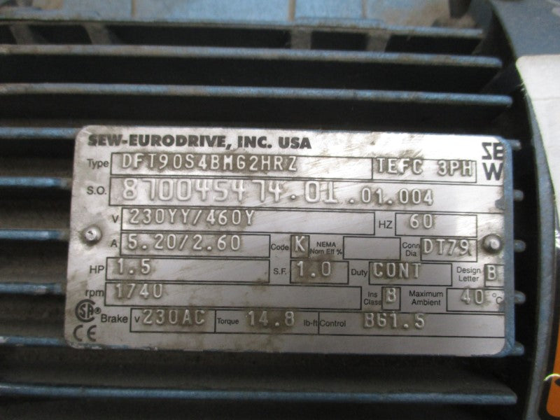 SEW-EURODRIVE DFT90S4BMG2HRZ R27DT90S4BMG2HRZ 230/460V 5.20/2.60A UNMP