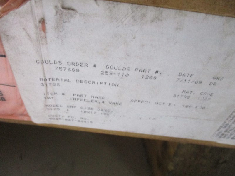 GOULDS 259-110-1209 10X12 4 VANE STAINLESS IMPELLER NSMP