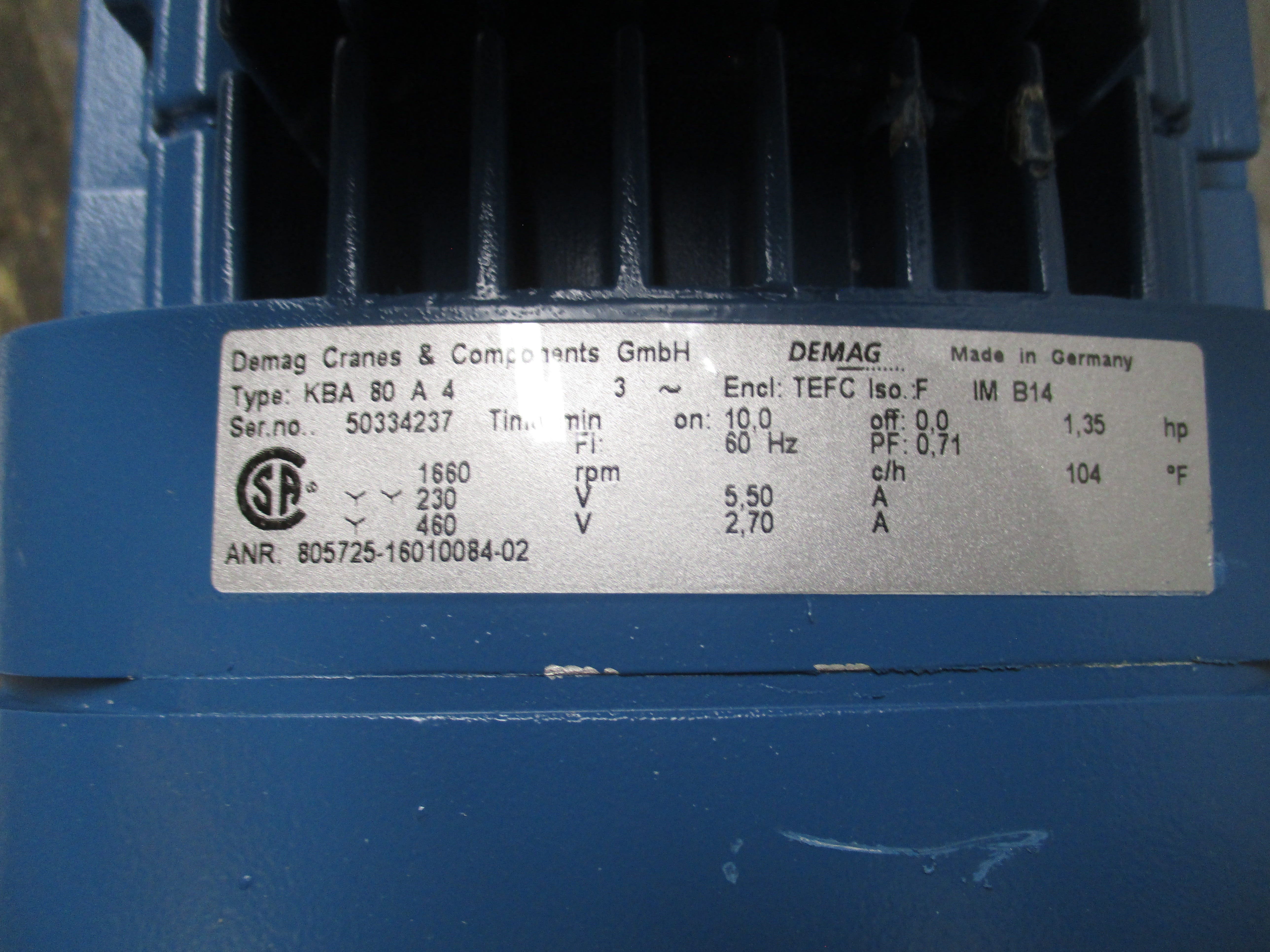 DEMAG KBA80A4 50334237 230/460V 5.50/2.70A (AS PICTURED) NSNP